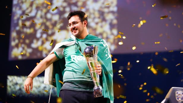 Mosaad 'MSDossary' Aldossary of Saudia Arabia celebrates after defeating Stefano 'Pinna' Pinna of Belgium in the Final of the FIFA eWorld Cup 2018 at The O2 Arena in London