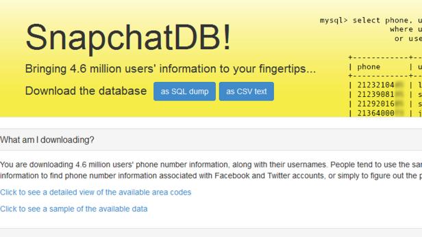 Auf SnapchatDB kann man den gesamten Datensatz der kompromittierten 4,6 Millionen Snapchat-Nutzerkonten abrufen