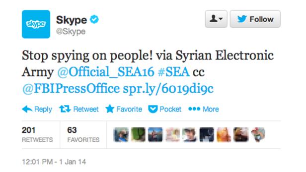 Diese vom offiziellen Twitter-Konto von Skype abgesendete Botschaft stammt von der Hackergruppe Syrian Electronic Army