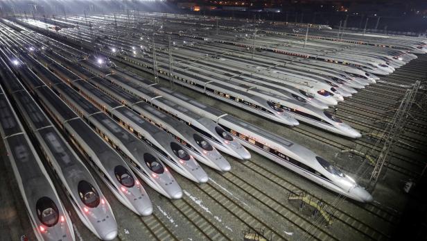 China Railway High-speed Harmony bullet trains are seen at a high-speed train maintenance base, as the Spring Festival travel rush begins, in Wuhan