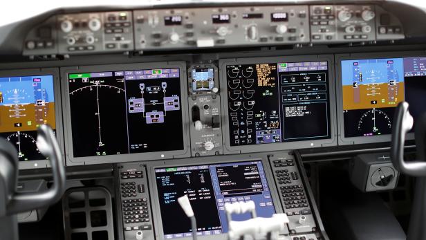 Details of the cockpit of a Singapore Airlines' Boeing 787-10 Dreamliner are pictured after a delivery ceremony at the Boeing South Carolina plant in North Charleston