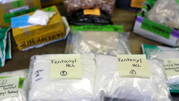 FILE PHOTO: Plastic bags of Fentanyl are displayed on a table at the U.S. Customs and Border Protection area at the International Mail Facility at O'Hare International Airport in Chicago