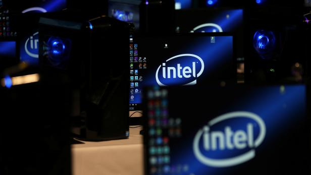 The Intel logo is displayed on computer screens at SIGGRAPH 2017