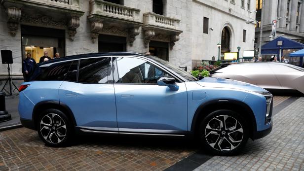 Chinese electric vehicle start-up Nio Inc. vehicles are on display in front of the NYSE to celebrate the companys IPO in New York