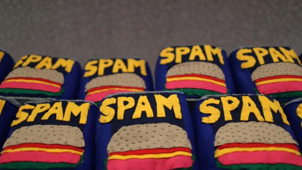 Spam cans made from felt are seen at the art installation of British artist Lucy Sparrow, 32, in Los Angeles