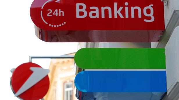 The green-blue logo of an Austrian Bankomat ATM is seen outside a Unicredit Bank Austria branch in Vienna