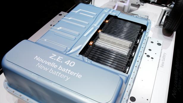 The new battery of the Renault electric car Z.E. is displayed on media day at the Paris auto show, in Paris