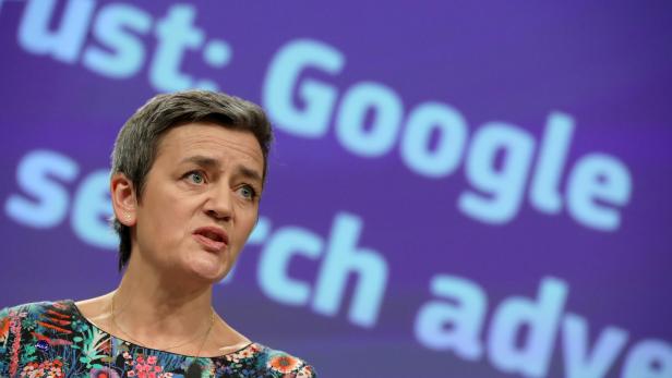 European Competition Commissioner Margrethe Vestager talks to the media at the European Commission headquarters in Brussels