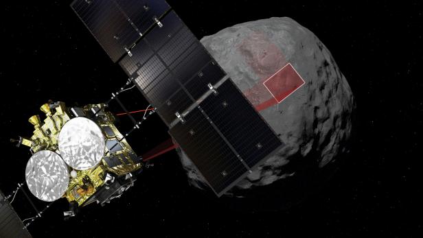 A computer graphic handout image shows Japan Aerospace Exploration Agency's Hayabusa 2 probe arrives to asteroid Ryugu in outer space.