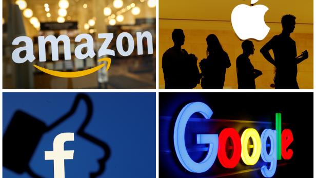 The logos of Amazon Apple Facebook and Google