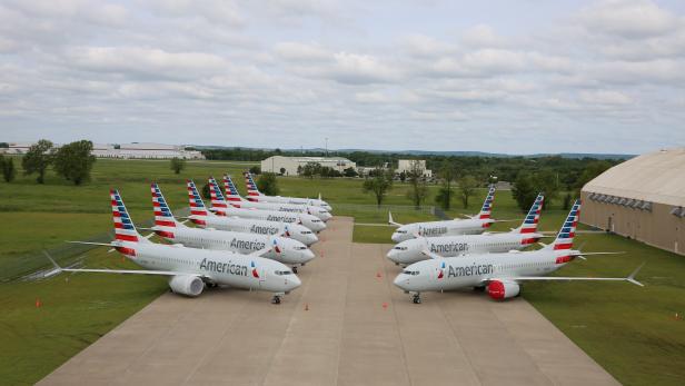 Handout photo of American Airlines Boeing 737 MAX jets sit parked at a facility in Tulsa, Oklahoma
