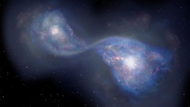 Eine von einem Künstler entworfene Darstellung, wie das Aufeinandertreffen der Galaxien aussehen könnte