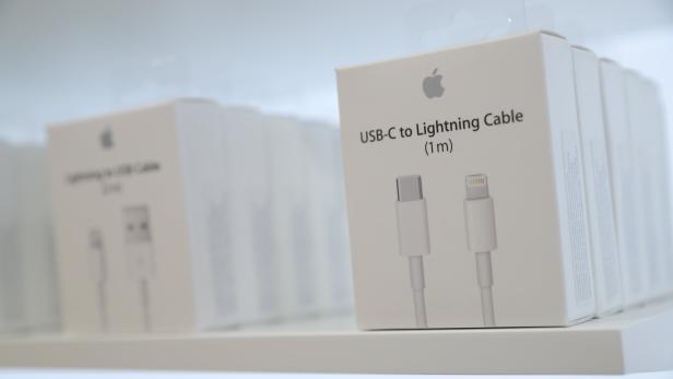 USB-C to Lightning Cable adapters are seen at a new Apple store in Chicago