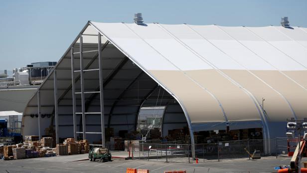 FILE PHOTO: A tent is seen at the Tesla factory in Fremont, California
