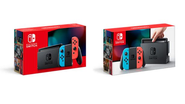 Die neue Variante der Nintendo Switch (links) und die alte Variante (rechts) - der rote Hintergrund weist auf ein neues Modell hin