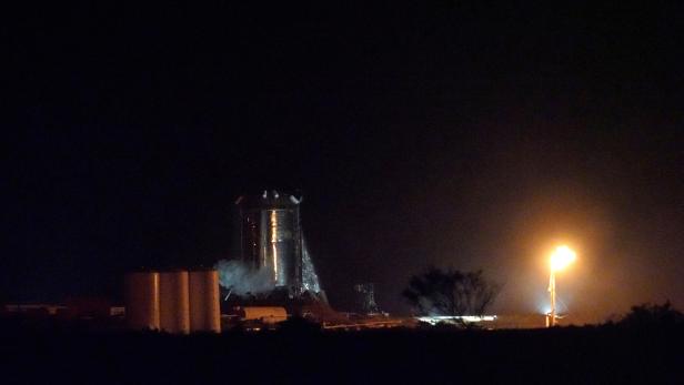 A view of the Starhopper rocket after a successful untethered test of SpaceX's Raptor engine in it at  Boca Chica