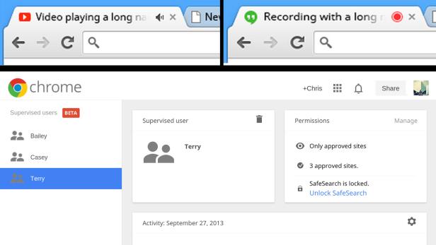 Die Google-Neuerungen im Überblick: Oben die Audio- und Webcam-Symbole auf Tabs, unten die Einstellungen zu &quot;Supervised Users&quot;