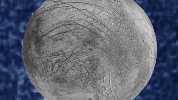 A composite image from NASA's Hubble telescope shows suspected plumes of water vapor on Jupiter's moon Europa