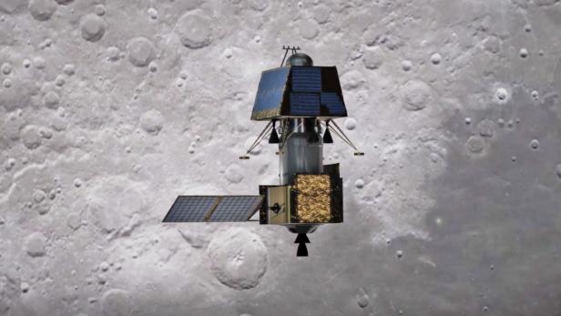 Schematische Darstellung der Mondlandekapsel und des Orbiters vor der Trennung.
