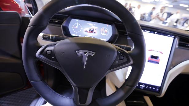 FILE PHOTO: The logo of Tesla carmaker is seen inside a car at the Top Marques fair in Monaco