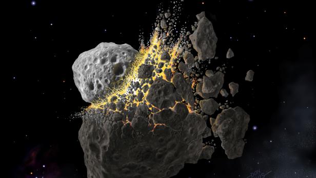 This illustration shows a giant asteroid collision between Mars and Jupiter that occurred 466 million years ago and produced the dust that led to an ice age on Earth