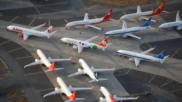 An aerial photo shows Boeing 737 MAX aircraft at Boeing facilities at the Grant County International Airport in Moses Lake
