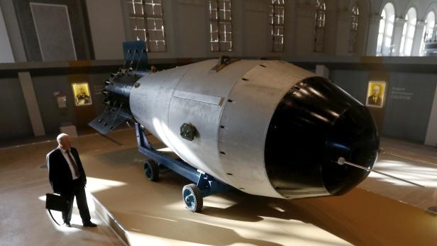 Shell, which is the replica of the biggest detonated Soviet nuclear bomb AN-602, is on display in Moscow