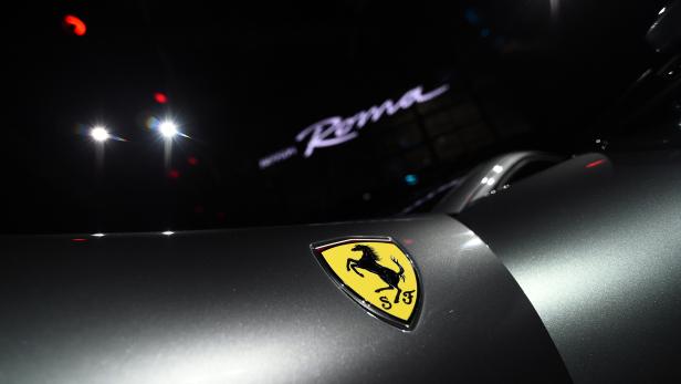 The Ferrari logo is pictured as Ferrari Roma is unveiled during its first world presentation in Rome