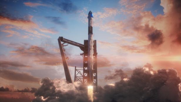 Künstlerische Darstellung einer SpaceX Falcon 9 mit Crew Dragon