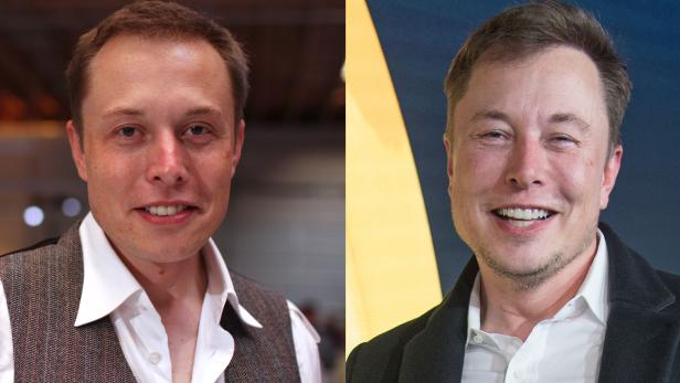 Elon Musk im Jahr 2008 (von 2009 gibt es keine lustigen Fotos) und 2019