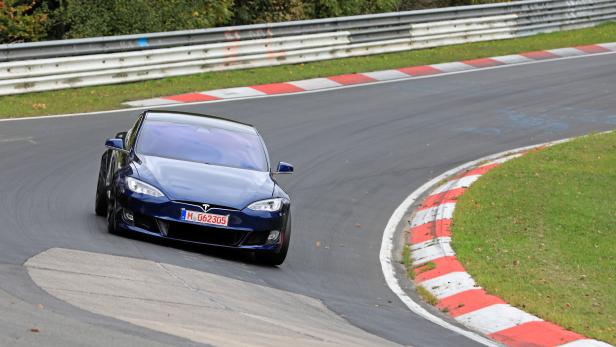 A Tesla Model S at the Nuerburgring race track near Adenau