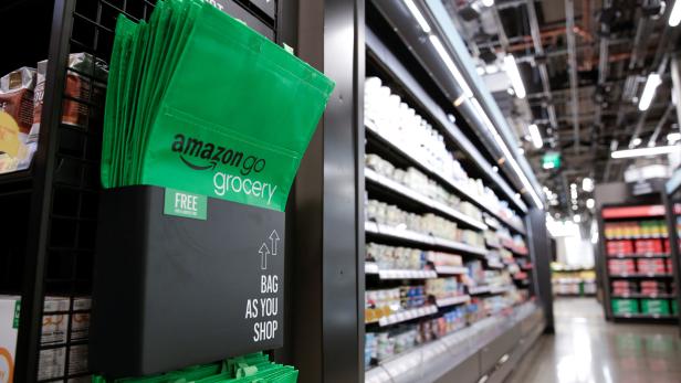 An Amazon Go grocery bag is pictured during a tour of an Amazon checkout-free, large format grocery store in Seattle