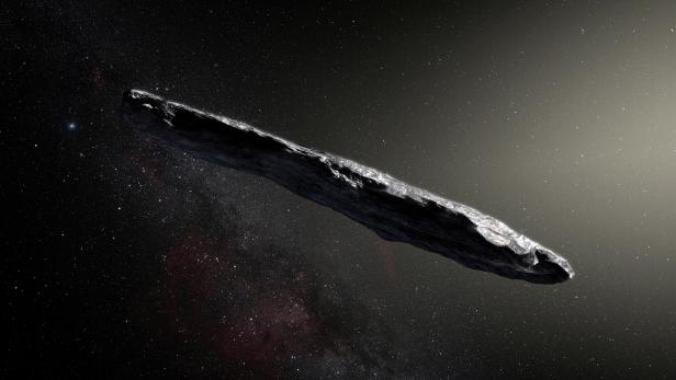 This artist's impression shows the first-known interstellar object to visit the solar system, 'Oumuamua