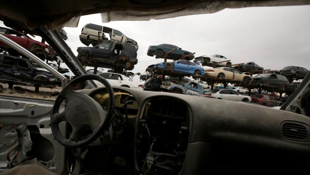 Scrapped cars are seen in a junkyard in Ciudad Juarez