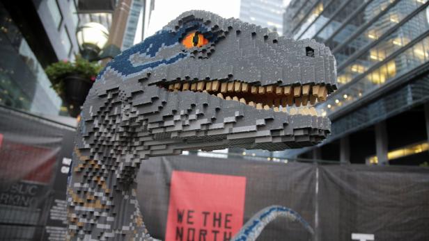 A Raptor dinosaur made of Lego is shown in the Jurassic Park fan zone outside the arena where Game 5 of the NBA Finals between the Toronto Raptors and the Golden State Warriors will be played in Toronto