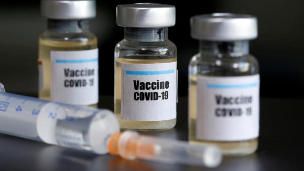 FILE PHOTO: Small bottles labbeled with a "Vaccine COVID-19" sticker and a medical syringe are seen in this illustration
