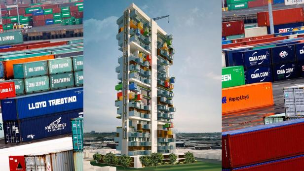 Container sollten bei dem Wettbewerb als Grundlage für einen günstig zu konstruierenden Wolkenkratzer dienen