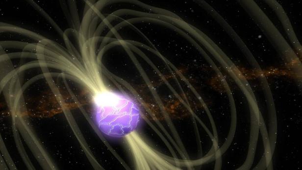 Künstlerische Darstellung eines Magnetars, dessen Oberfläche aufbricht, wodurch ein Fast Radio Burst entstehen könnte