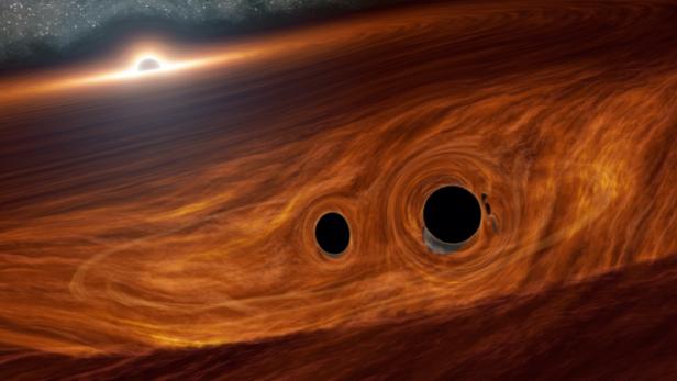 Künstlerische Darstellung der 2 Schwarzen Löcher, die sich in der Staubscheibe des Quasars befinden
