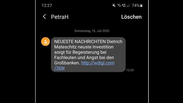 Phishing-SMS mit vermeintlichen Finanztipps von Dietrich Mateschitz sind keine Seltenheit