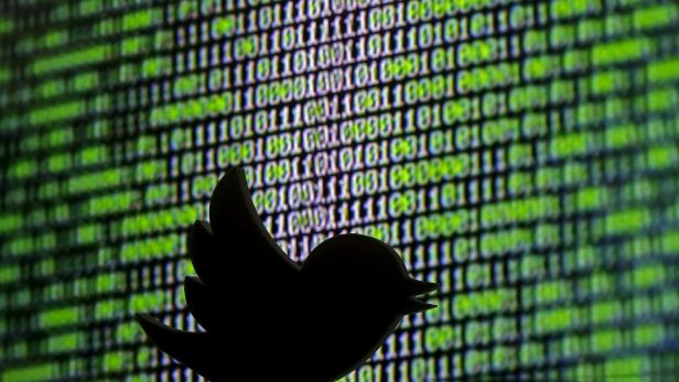 FILE PHOTO: 3D printed Twitter logo is seen in front of a displayed cyber code