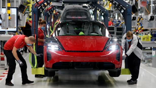 Production of Porsche Taycan electric sports car during corona pandemic in Stuttgart