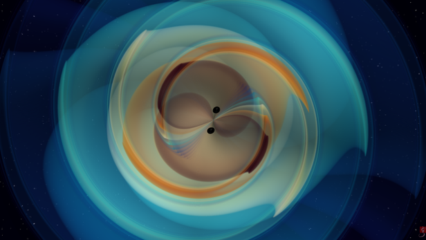 Das Bild zeigt die simulierte Verschmelzung zweier Schwarzer Löcher