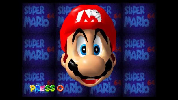 Marios Kopf vor dem Hintergrund des „Super Mario 64“-Logos.