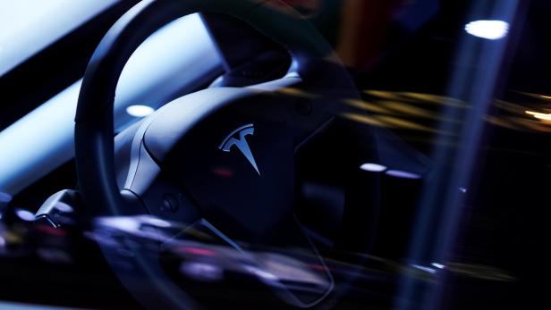A Tesla Model S steering wheel is on display at the Canadian International AutoShow in Toronto