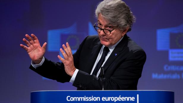 FILE PHOTO: European Union Internal Market Commissioner Thierry Breton talks to journalists during an online news conference at the EU headquarters in Brussels