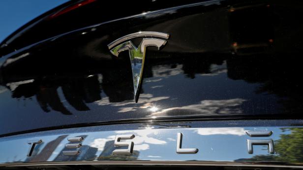 FILE PHOTO: The company logo is pictured on a Tesla Model X electric vehicle in Moscow