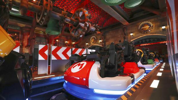 General view shows Mario Kart Station at Super Nintendo World at the Universal Studios Japan theme park in Osaka, western Japan