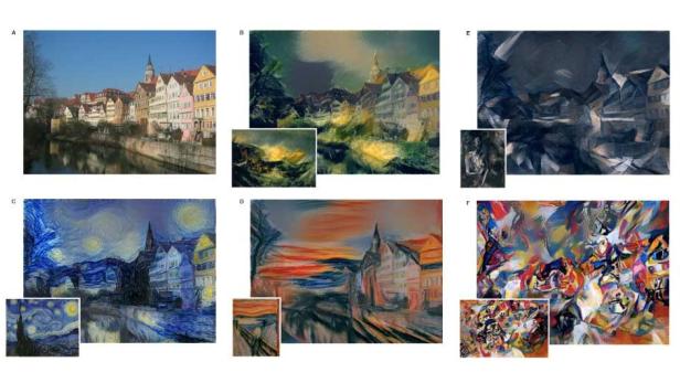 Eine Häuserzeile erscheint durch einen Algorithmus im Stil verschiedener berühmter Maler