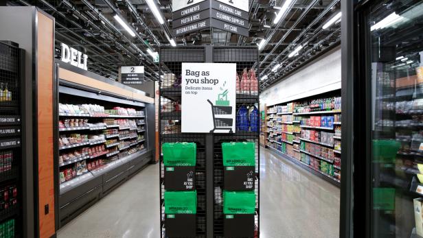 An Amazon Go grocery bags are pictured during a tour of an Amazon checkout-free, large format grocery store in Seattle